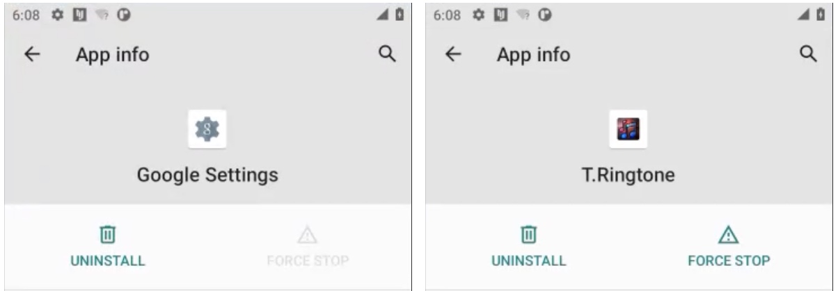Ein Screenshot, der die Spyhide-App als zeigt "Google-Einstellungen" Und "T.Klingelton"