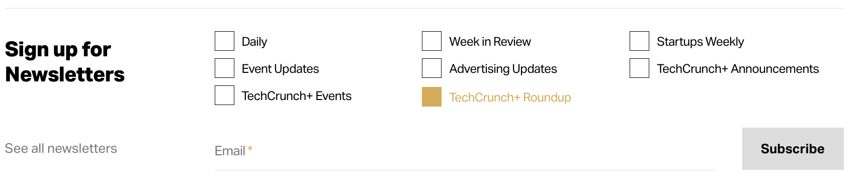 Melden Sie sich für den TechCrunch+ Roundup-Newsletter an
