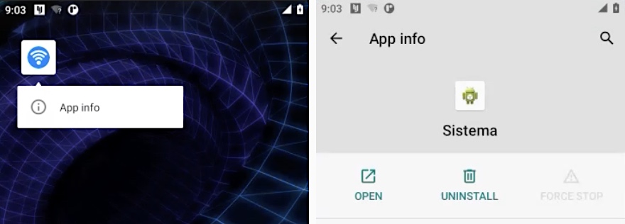 Das "W-lan" Wenn Sie auf das App-Symbol tippen, wird es tatsächlich als aufgerufene App angezeigt "System," Entwickelt, um wie eine Android-System-App auszusehen, handelt es sich jedoch tatsächlich um WebDetetive-Spyware.