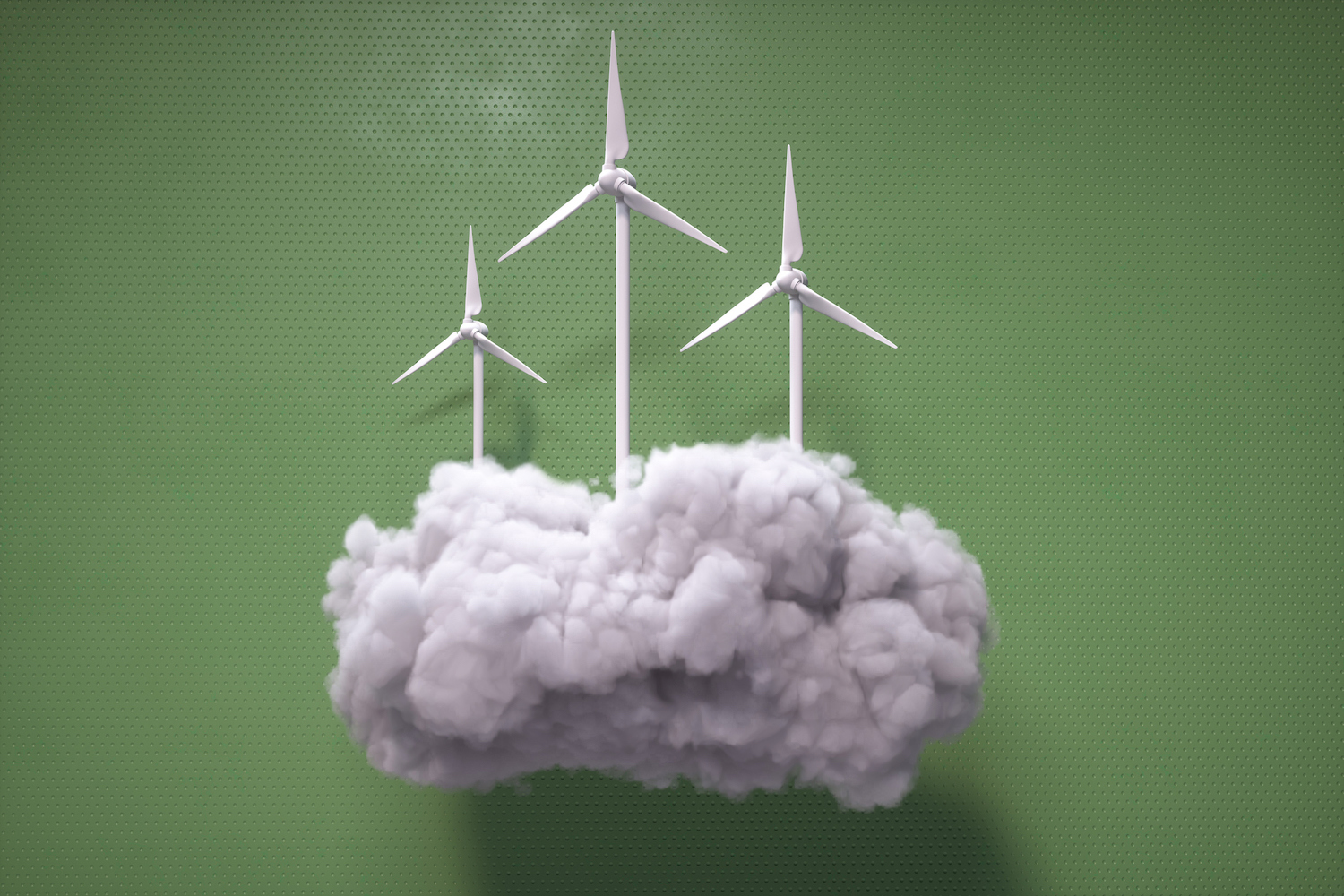 Digital generiertes Bild mehrerer Windkraftanlagen auf einer geschwollenen Wolke vor grünem Hintergrund.