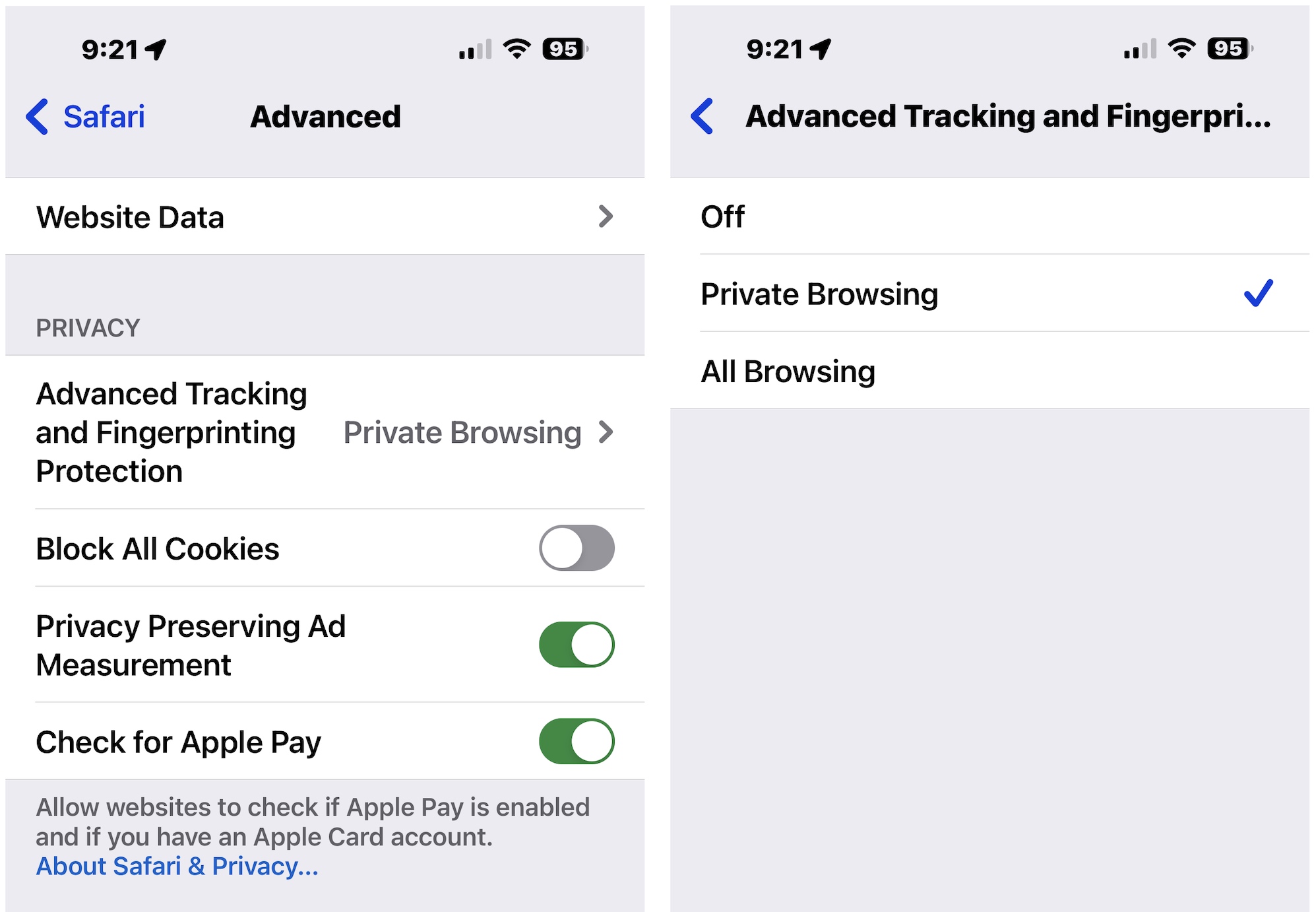 Zwei Screenshots nebeneinander mit den Safari-Einstellungen mit der Option, den erweiterten Tracking- und Fingerabdruckschutz zu aktivieren
