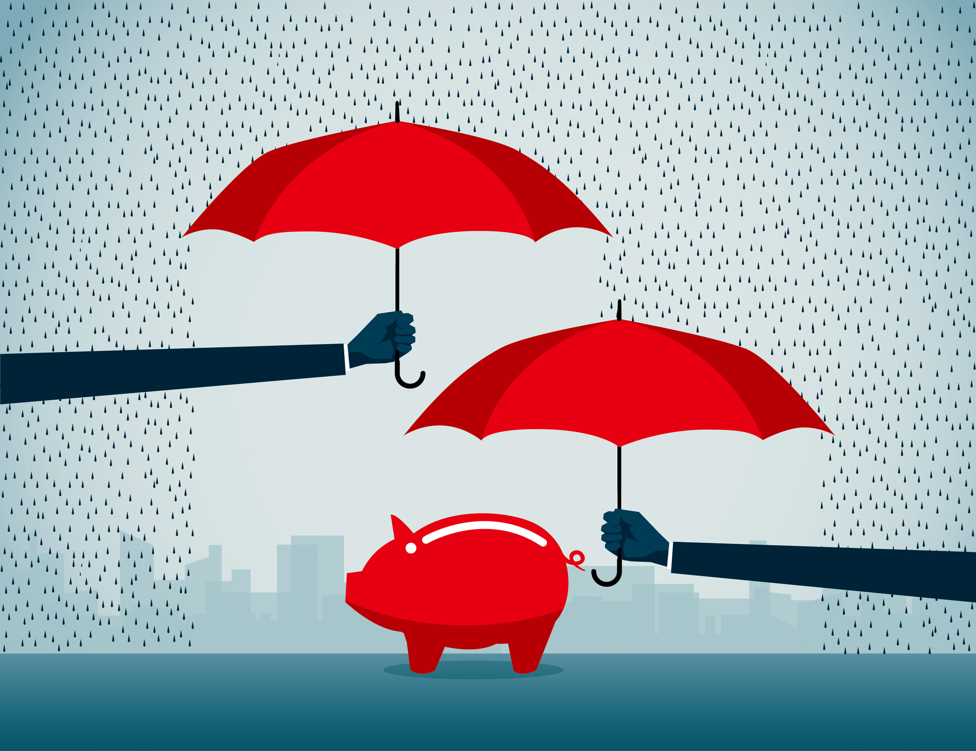 Bild eines roten Sparschweins im Regen, über dem zwei Personen rote Regenschirme halten