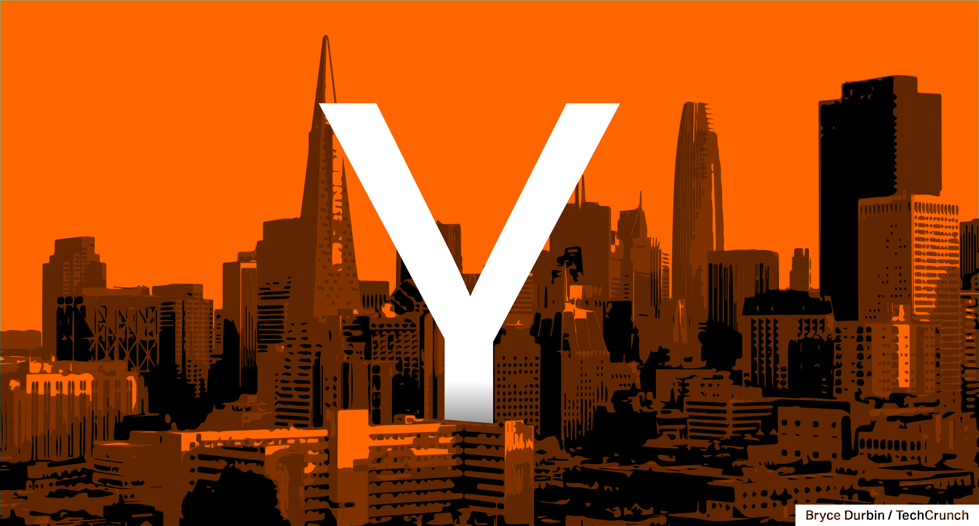 Großes Weiß "Y" überlagert mit einer orangefarbenen Skyline von San Francisco