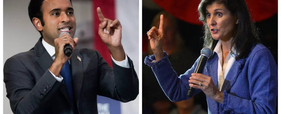 „Vivek Ramaswamy und Nikki Haley ruecken in republikanischer Praesidentschaftswahl auf