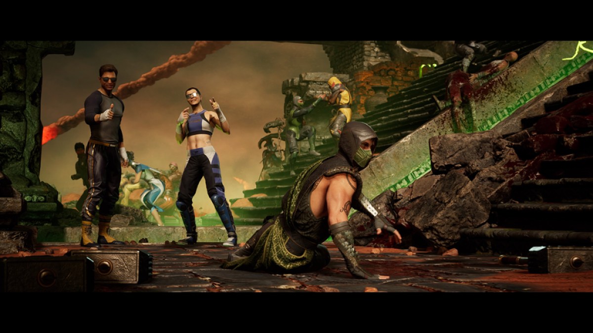 Bild aus Mortal Kombat 1 (MK1), das Charaktere wie Johnny Cage und Reptile als Teil eines Artikels über das chaotische, liebenswerte Ende des Spiels aus der PS2-Ära zeigt.