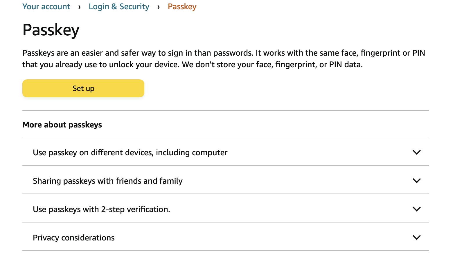 Ein Screenshot, der den in den Amazon-Einstellungen eingerichteten Passkey zeigt.