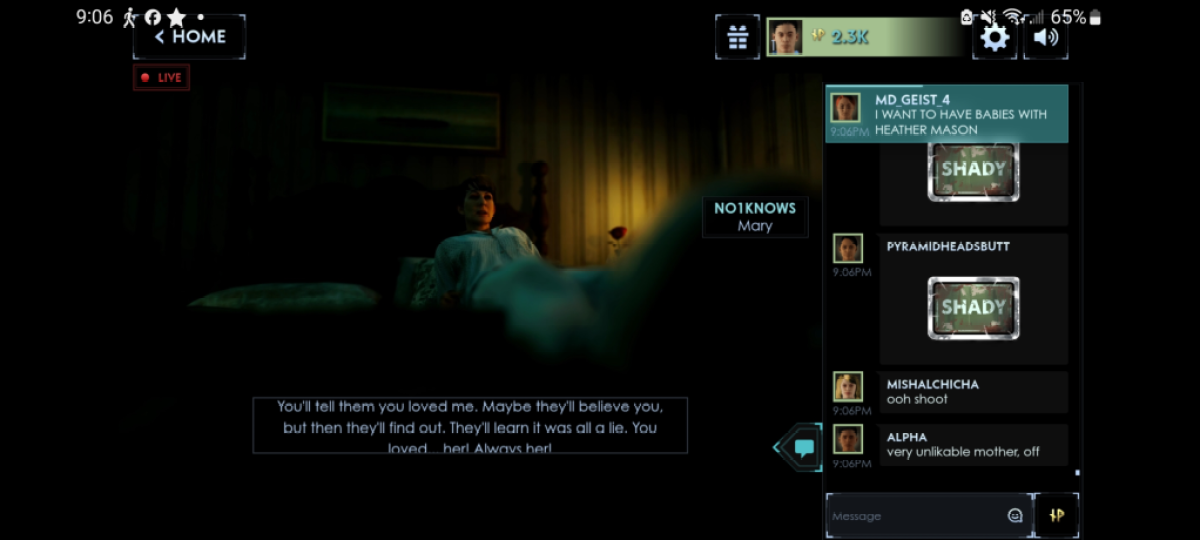 Ein Bild als Teil des Artikels „Silent Hill: Ascension“ hinterließ einen absolut schrecklichen ersten Eindruck.  Das Bild zeigt die Benutzeroberfläche von Silent Hill: Ascension, einschließlich des Chats.  Auf dem Bild ist zu sehen, wie jemand außerhalb des Bildschirms darüber spricht, wie die Person, mit der er spricht, sagt, dass er sie liebt.