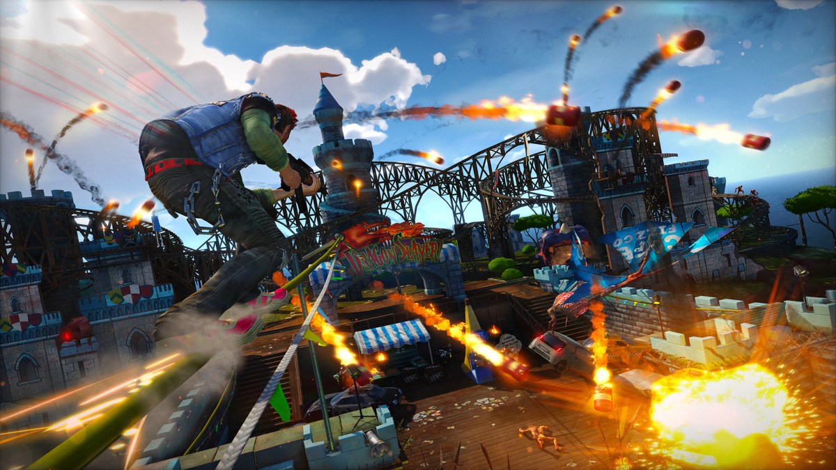Ein Bild von Sunset Overdrive, das Spieler zeigt, die sich über Explosionen reiben, als Teil eines Artikels über die besten Spiele wie Marvels Spider-Man 2.