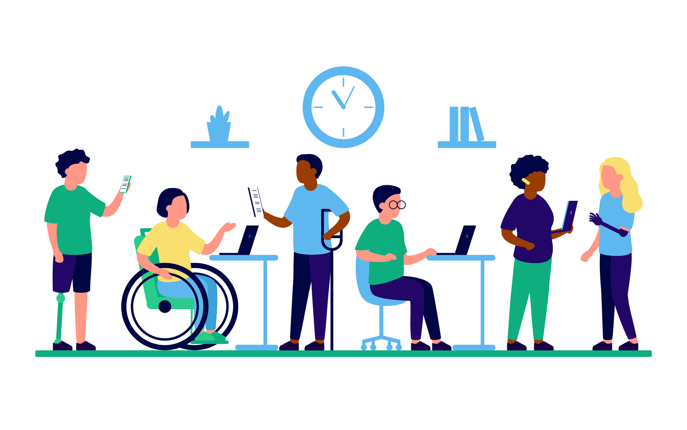 Im Büro arbeiten Mitarbeiter mit Menschen mit Behinderung und Inklusion zusammen.