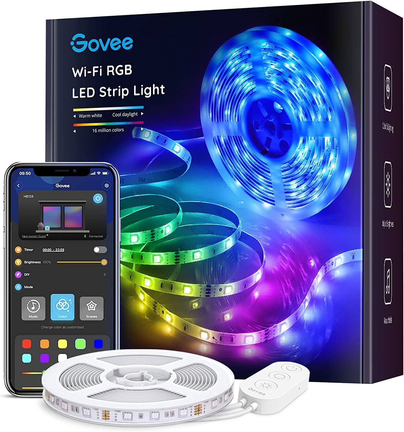Eine Schachtel mit Govee-Smart-Strip-Lights-Bildern neben einem Telefon mit den Bedienelementen