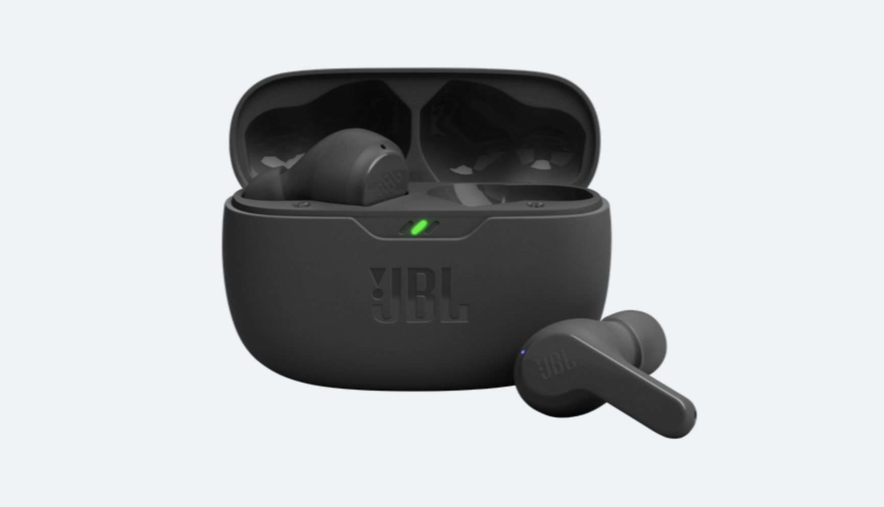 Ein Bild von schwarzen JBL Vibe Beam-Ohrhörern