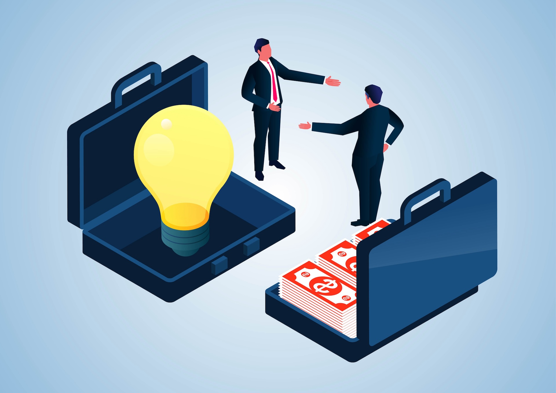 Isometrischer Geschäftsmann verkauft Ideen an Kunden, die neben einem Koffer voller Banknoten stehen, Geschäftsmann versucht, Kunden davon zu überzeugen, seine kreative Glühbirne zu kaufen, Kreativität und Marketing.
