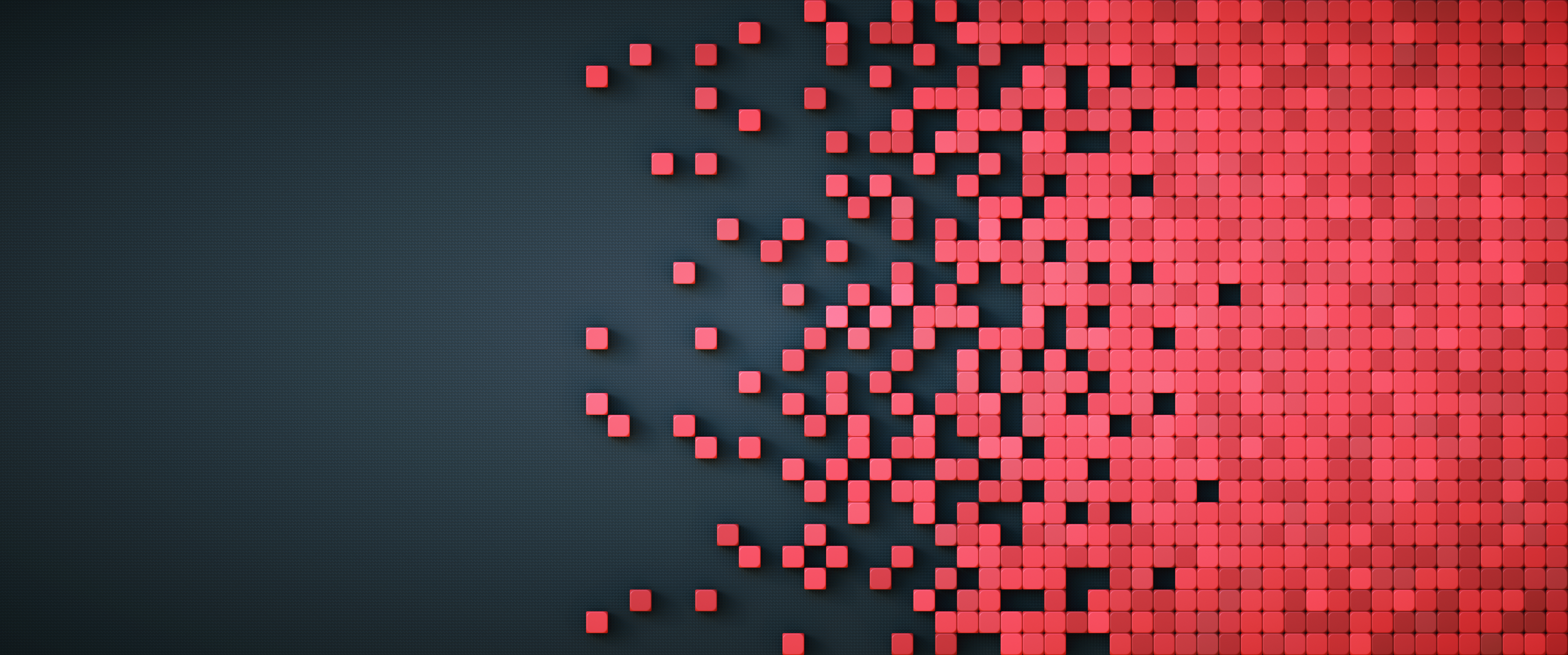 Pixelierte Datendarstellung mit roten physischen Würfelformen auf schwarzem künstlichem Hintergrund, kachelbare Komposition