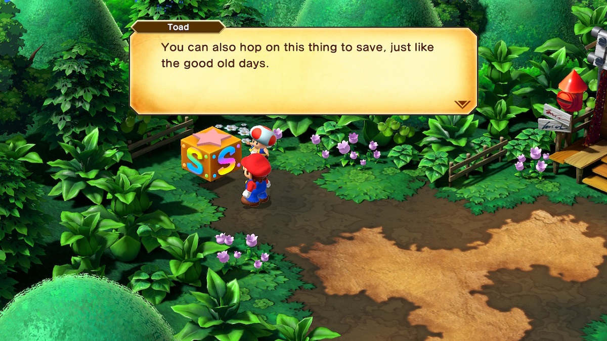 Bild von Mario und Toad in der Nähe einer Speicherbox in Super Mario RPG.