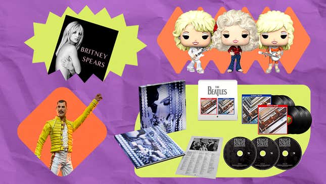 Im Uhrzeigersinn von unten links: Freddie Mercury-Actionfigur (NECO), The Woman In Me von Britney Spears (Gallery Books), Dolly Parton Funko Pop (Funko), The Beatles 1962-1966 &  1967–1970 (Capitol Records)