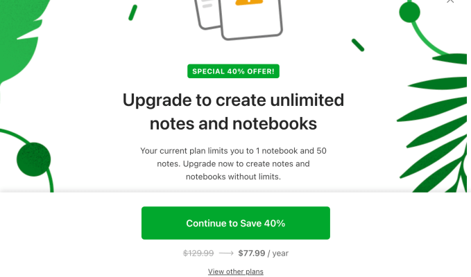 Evernote draengt Benutzer zu einem Upgrade und testet einen kostenlosen