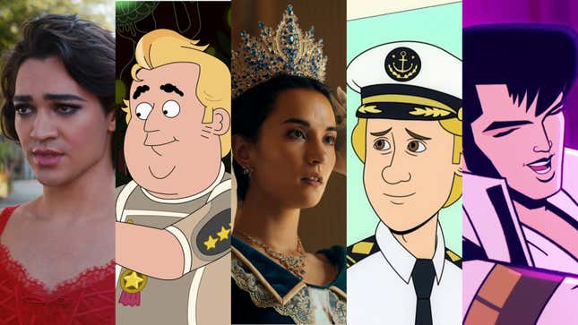 Von links nach rechts: Glamorous (Foto: Netflix), Farzar (Bild: Netflix), Shadow And Bone (Foto: Dávid Lukács/Netflix), Captain Fall (Bild: Netflix), Agent Elvis (Bild: Netflix)