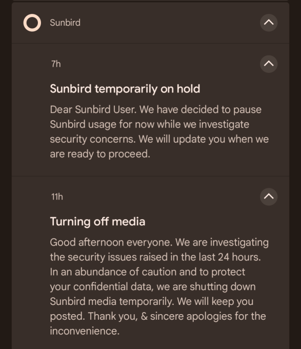 Sunbird hat den Benutzern eine Benachrichtigung gesendet, dass die Entwicklung seiner App unterbrochen wird
