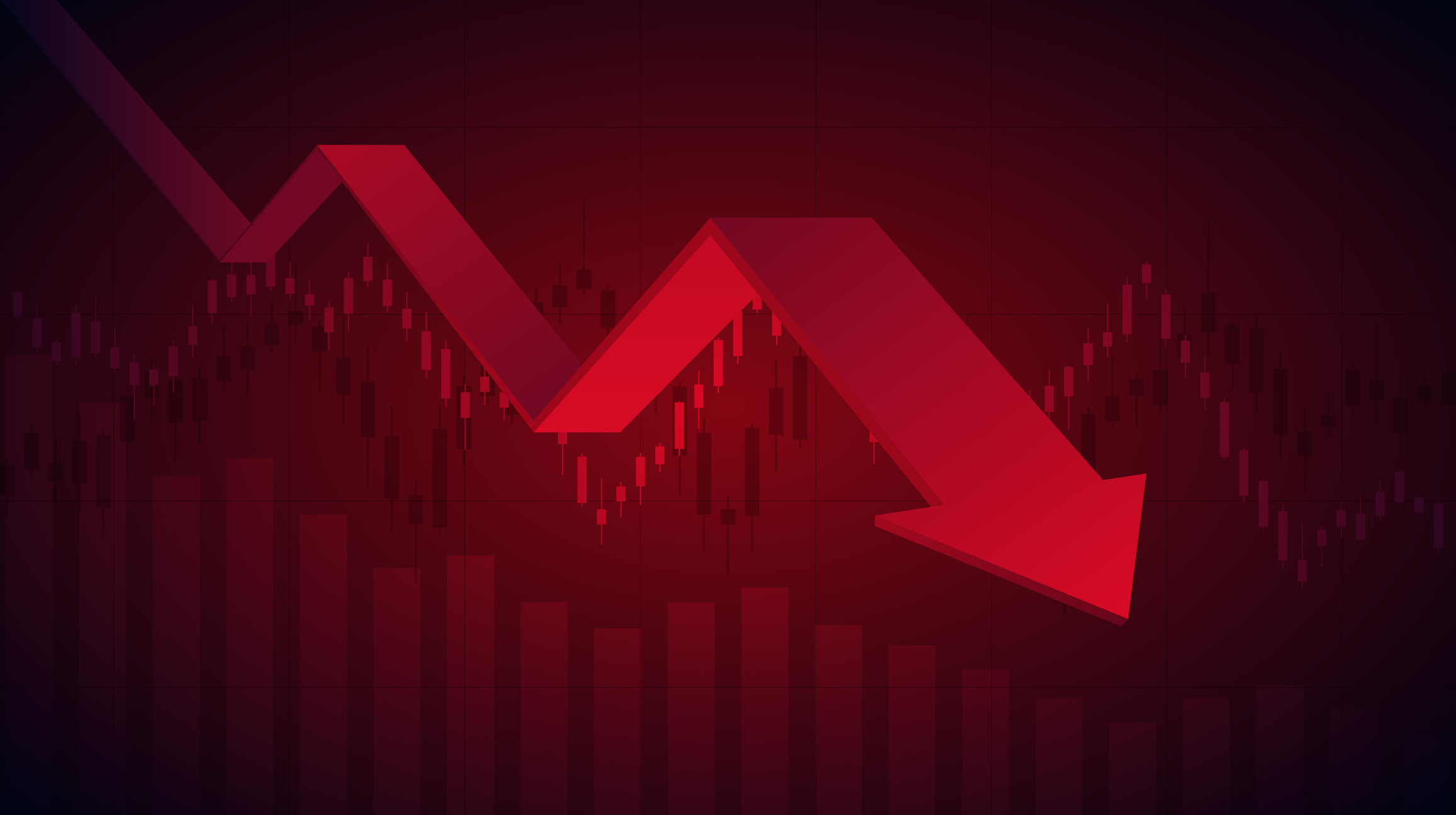 Abstraktes Finanzdiagramm mit Download-Liniendiagramm und Pfeil im Aktienmarkt auf rotem Hintergrund