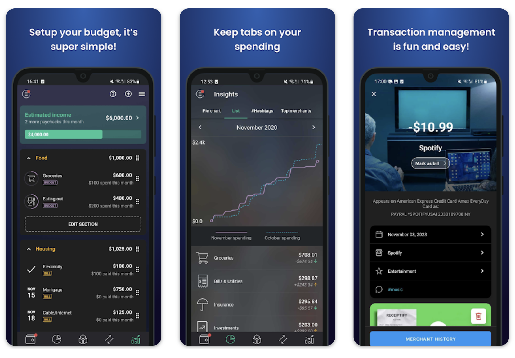 Drei Screenshots der PocketGuard-App