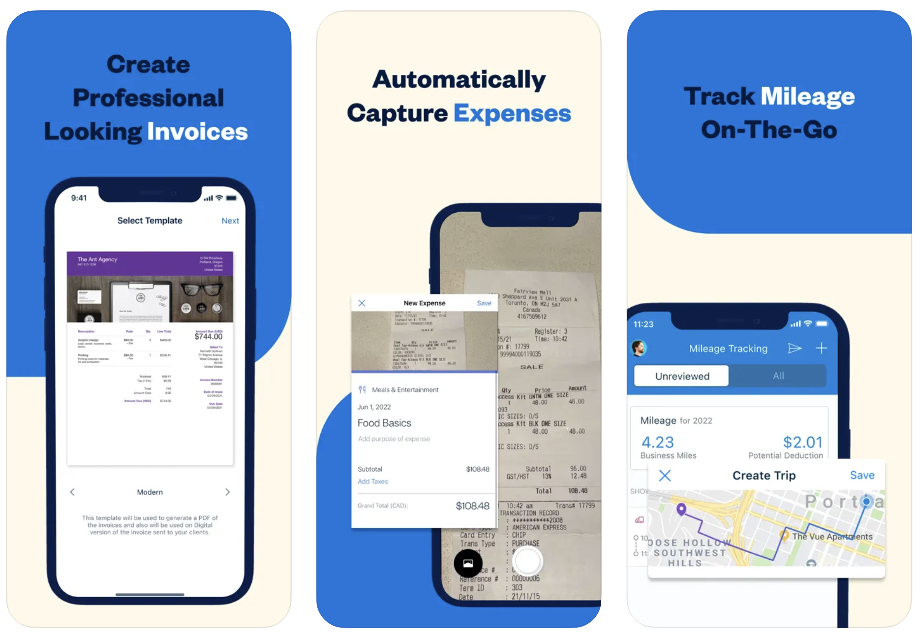 Drei Screenshots der Freshbooks-App
