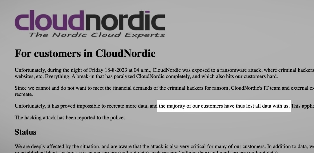 ein Screenshot der Statusseite von CloudNordic mit folgendem Text: "Leider war es nicht möglich, weitere Daten wiederherzustellen, und der Großteil unserer Kunden hat somit sämtliche Daten bei uns verloren."