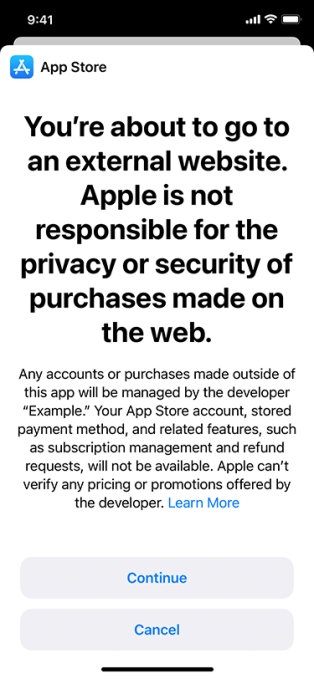 Apples Entwurf sieht vor, Kunden einen Text anzuzeigen, der darauf hinweist, dass sie eine alternative Zahlungsmethode verwenden möchten