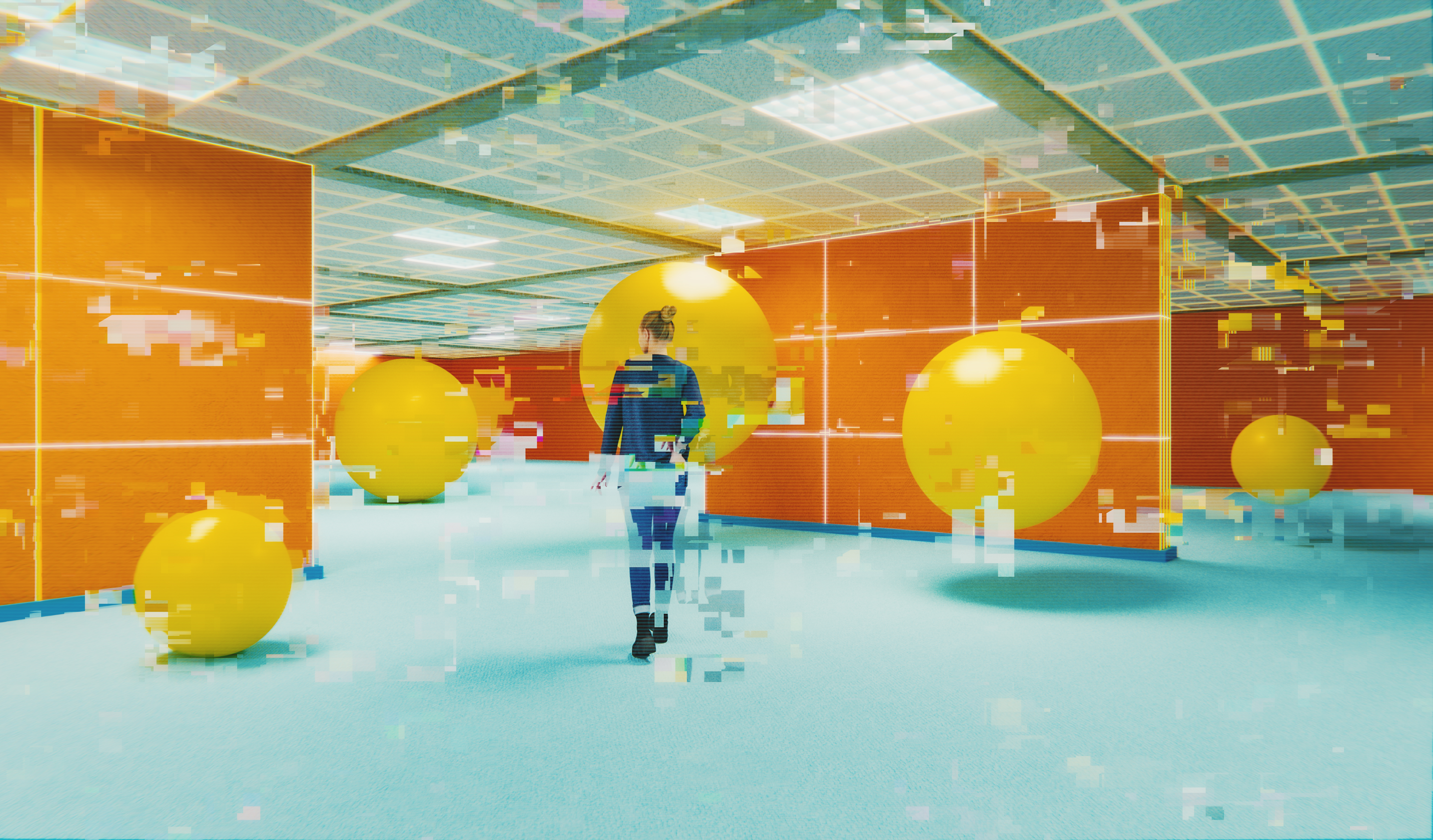 Störende Darstellung einer lässigen Frau, die in einem surrealen unterirdischen Retro-Büro läuft.  3D-generiertes Bild.