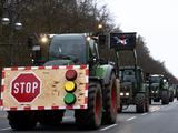 Dutzende wuetende deutsche Bauern stuermen Faehre mit Minister an Bord
