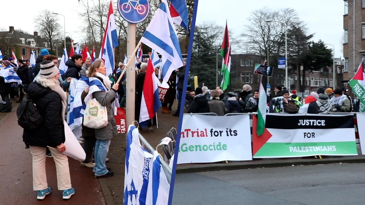 Beeld uit video: Pro-Palestina- en pro-Israëlbetogers verzamelen zich bij Vredespaleis
