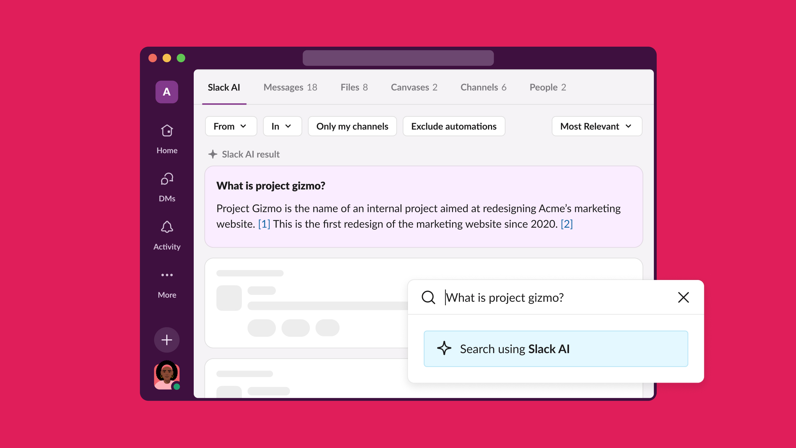 Slack-KI-Suche fragt, was ein Projekt-Gizmo ist, und gibt eine Antwort aus dem Slack-Antwortarchiv.