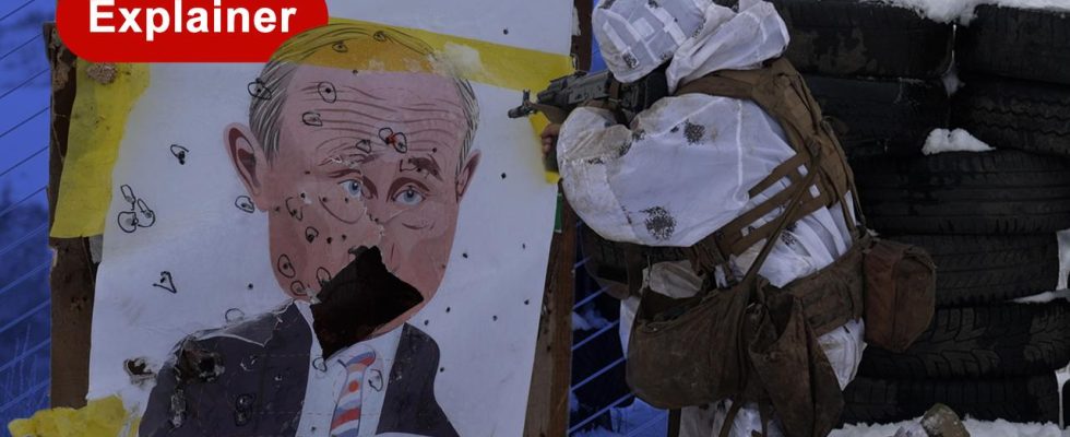 Mit Putin als Zielscheibe trainieren ukrainische Soldaten fuer den Angriff