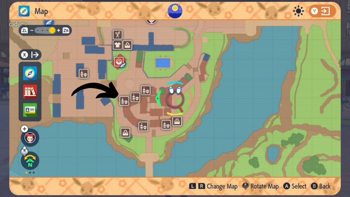 Screenshot der Karte in Pokémon Scharlachrot und Violett, vergrößert, um Shop-Symbole anzuzeigen