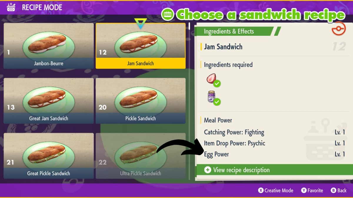 Screenshot des Rezeptmodus für die Sandwichzubereitung in Pokemon Scarlet & Violet, mit einem Pfeil, der auf die Eierkraft zeigt