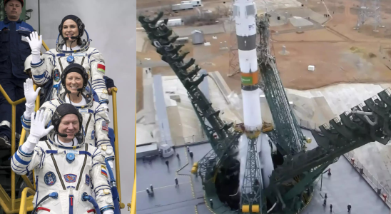 Die russische Sojus Rakete bringt drei Astronauten zur Internationalen Raumstation