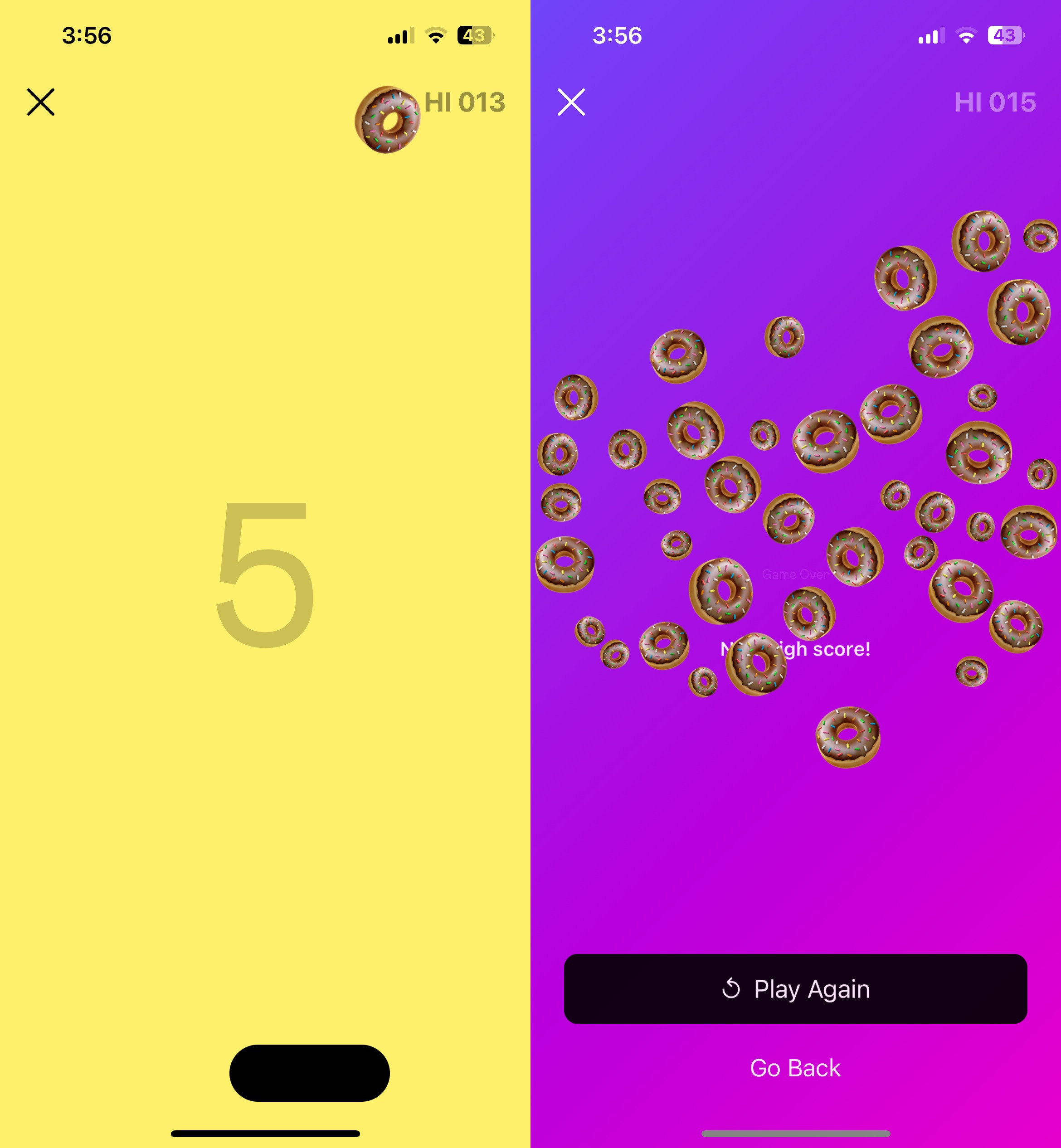 Zwei nebeneinander liegende Screenshots des versteckten Spiels von Instagram.  Das erste Bild zeigt ein Donut-Emoji, das von einem Paddel abprallt.  Das zweite Bild zeigt das Spiel über dem Bildschirm.