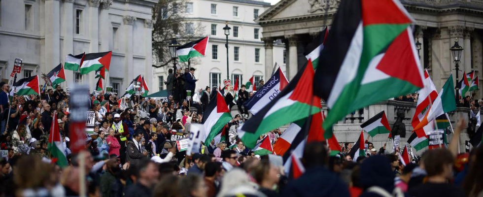 „Freies Palaestina Demonstranten die einen Waffenstillstand in Gaza fordern unterbrechen
