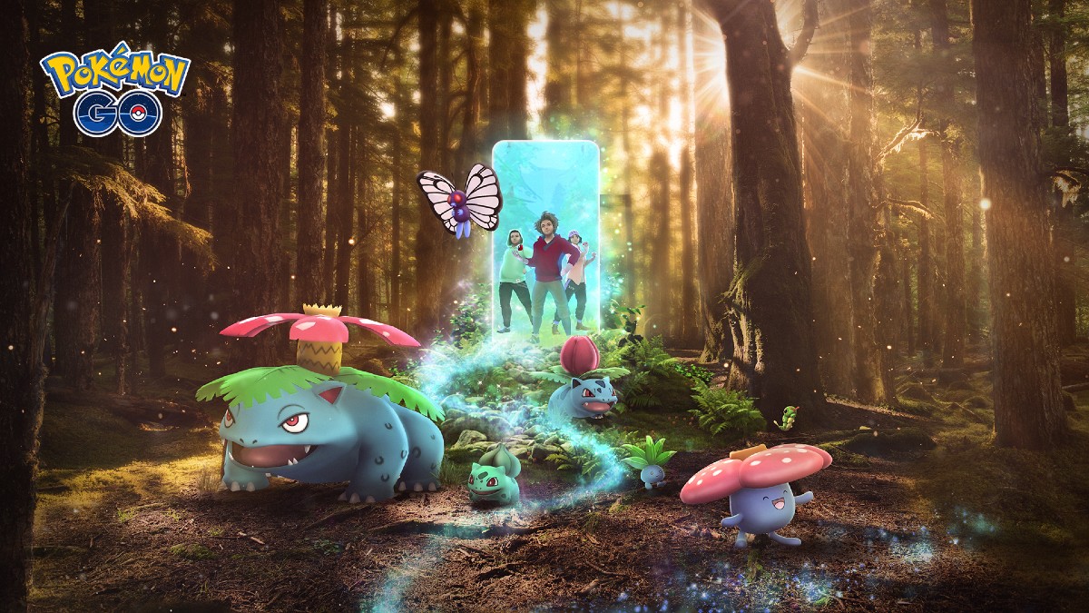 Bild einer Waldszene mit mehreren Gras-Pokémon, die aus einem riesigen Telefonbildschirm auftauchen