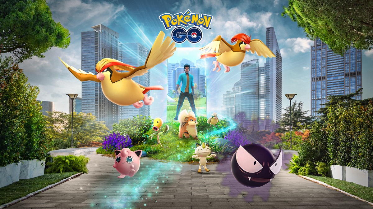 Bild von mehreren Pokémon, die durch die Stadt fliegen, mit einem riesigen Telefonbildschirm, auf dem ein Pokemon GO-Avatar in der Mitte zu sehen ist
