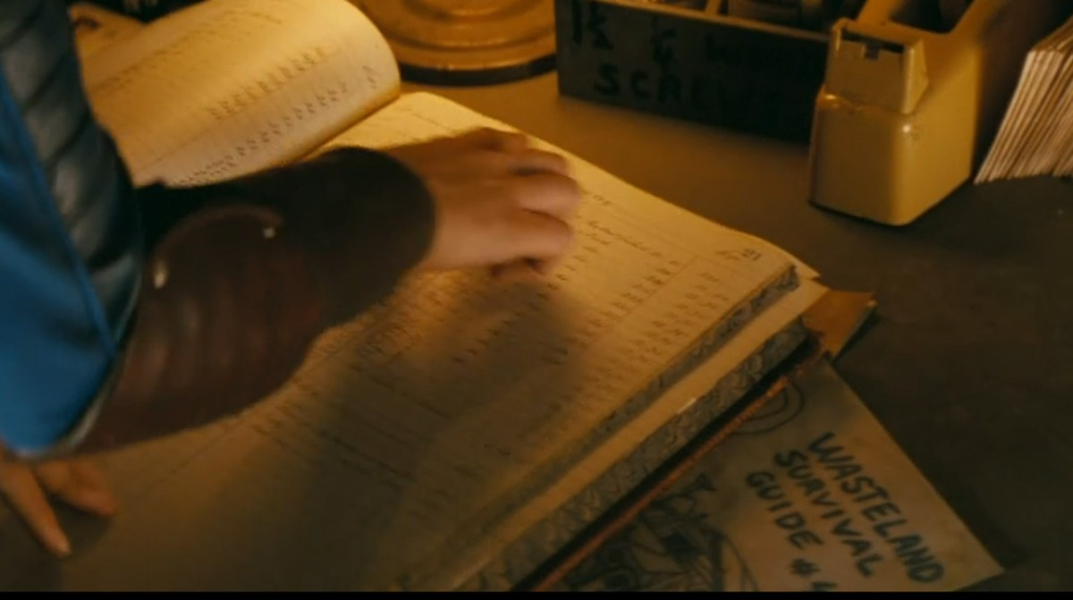Eine Frau, die in der Fallout-Serie einen Felsvorsprung liest, mit einem Buch „Wasteland Survival Guide“ unter dem großen Buch. 