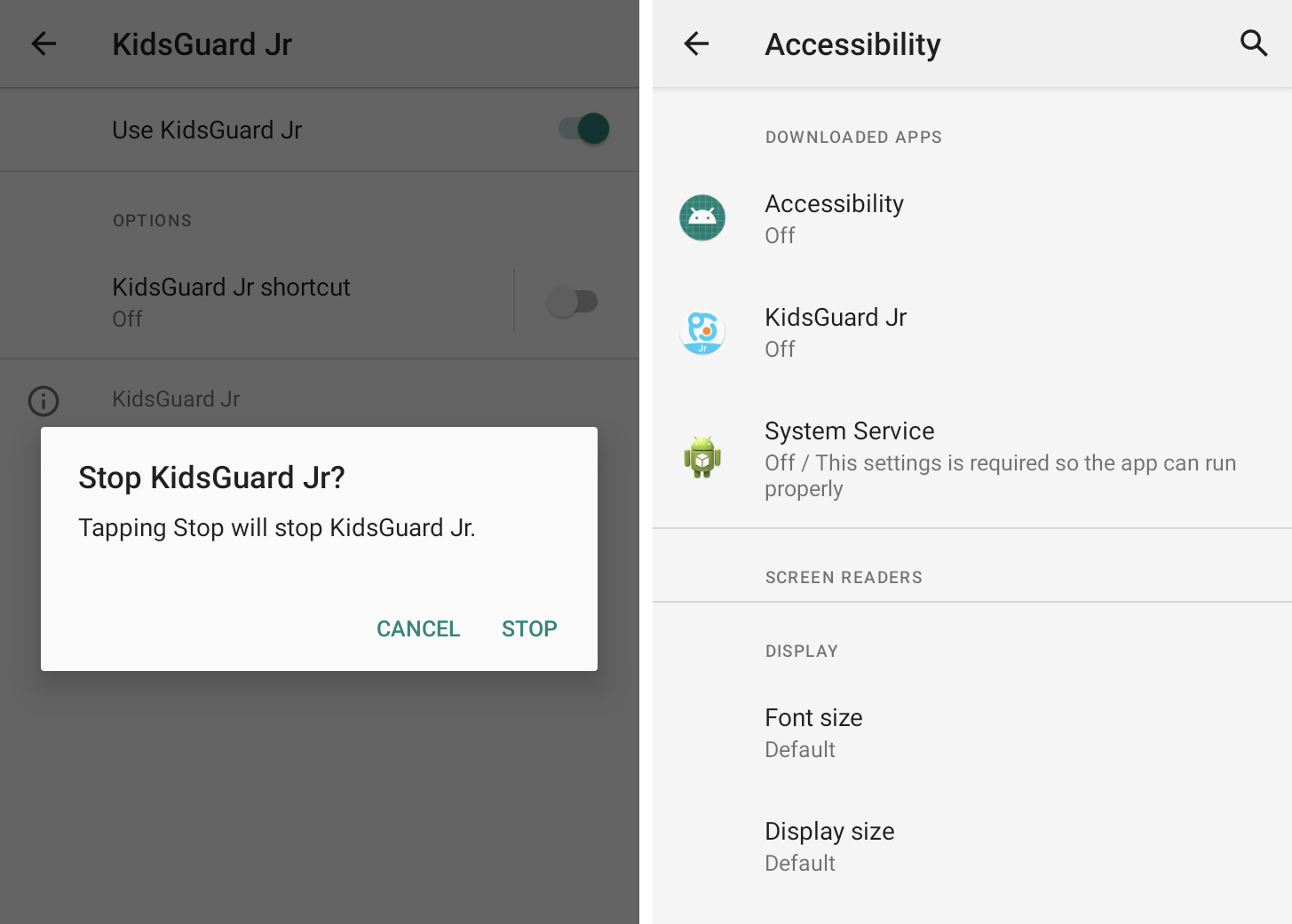 Zwei Screenshots nebeneinander zeigen eine App namens KidsGuard, die die Barrierefreiheitsfunktion in Android kapert, um ahnungslose Benutzer auszuspionieren.  Der zweite Screenshot zeigt drei Stalkerware-Apps – Accessibility, KidsGuard und System Service –, die alle ausgeschaltet sind, sodass sie nicht mehr aktiv funktionieren.