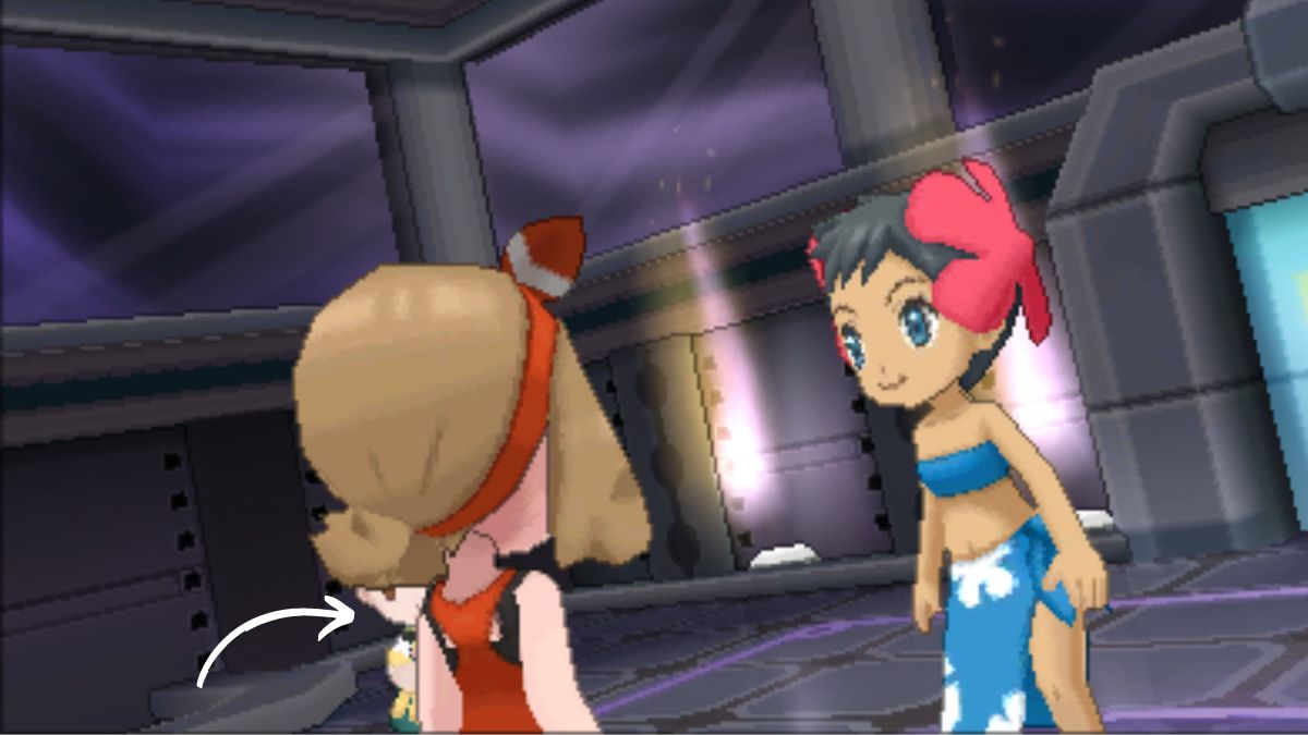 Screenshot aus Pokémon Omega Ruby & Alpha Sapphire, der ein mysteriöses Mädchen zeigt, das neben dem NPC steht