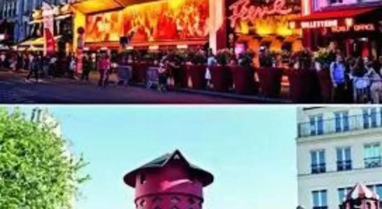 Die ikonischen Rotorblaetter der Windmuehle Moulin Rouge stuerzen ein