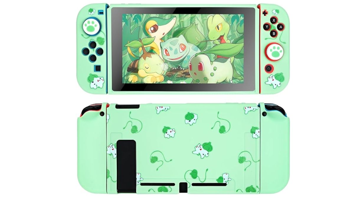 Foto einer Nintendo-Switch-Vorderseite und -Rückseite in einer grünen Hülle mit Bulbasaur-Muster