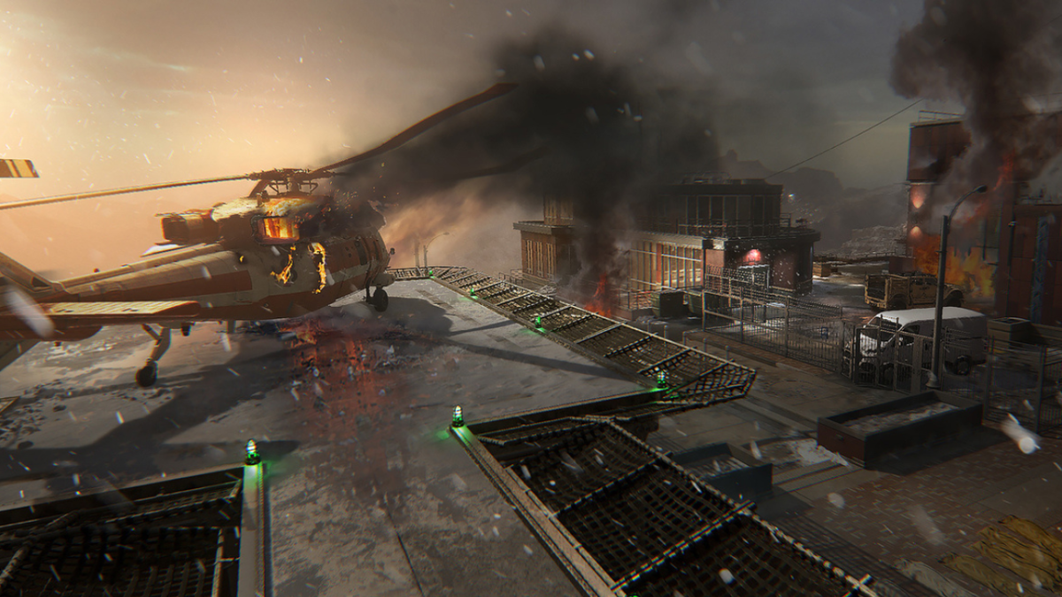 Ein brennender Hubschrauber auf der Notfallkarte von Call of Duty MW3