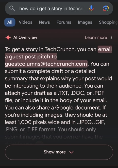 Screenshot der KI-Übersicht von Google für die Suche "Wie bekomme ich eine Story in Techcrunch?"