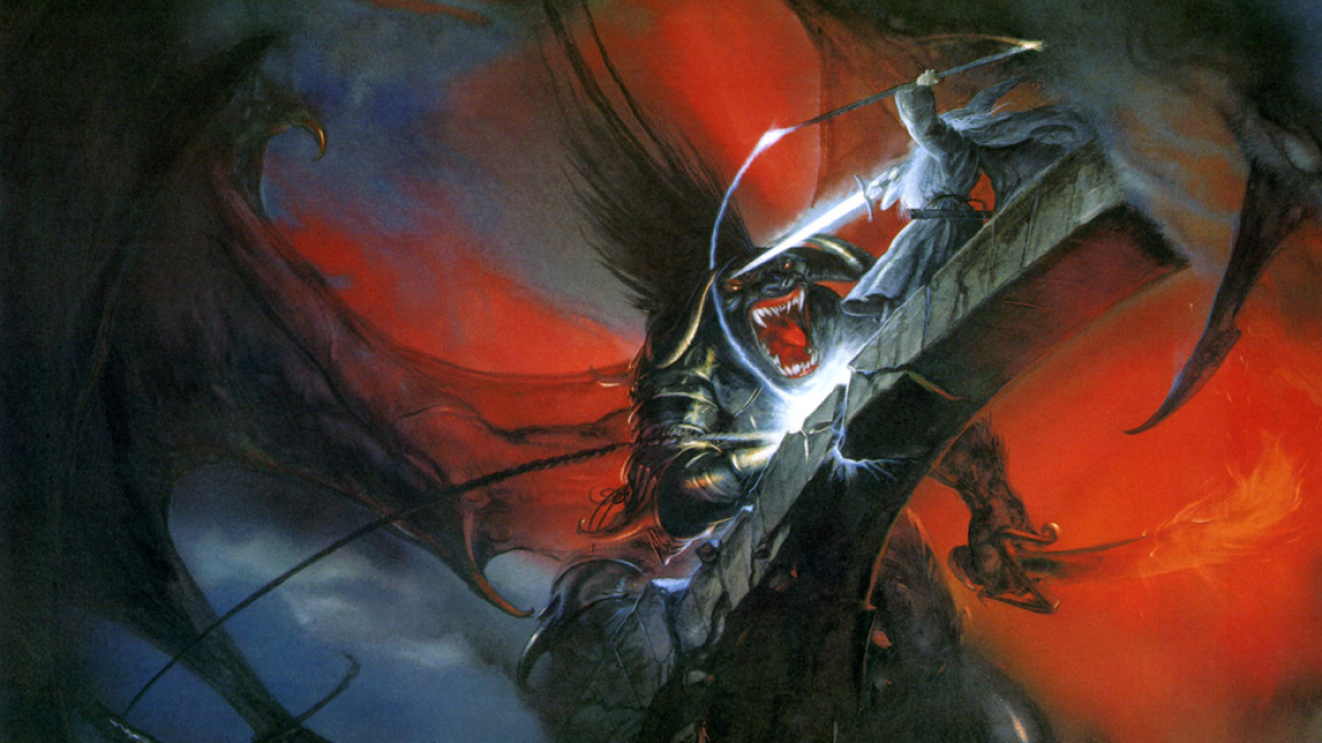 Grafik von Gandalfs Kampf mit dem Balrog in „Der Herr der Ringe: Die Gefährten“ von John Howe