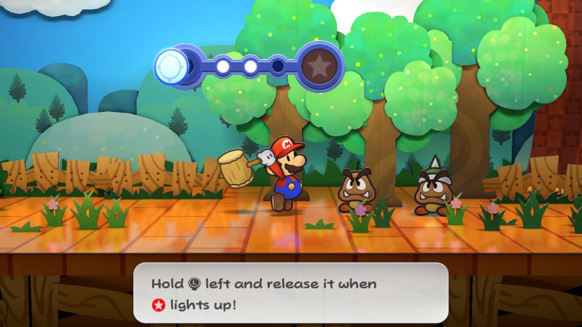 Mario bereitet sich in Paper Mario: The Thousand-Year Door darauf vor, einen Goomba zu treffen