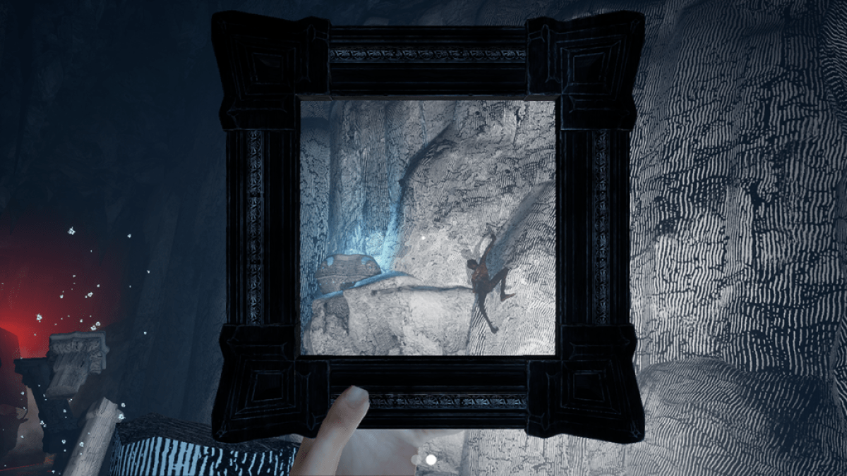 Bild des Protagonisten, der in Dark and Deep einen Rahmen hochhält und auf eine Felswand blickt