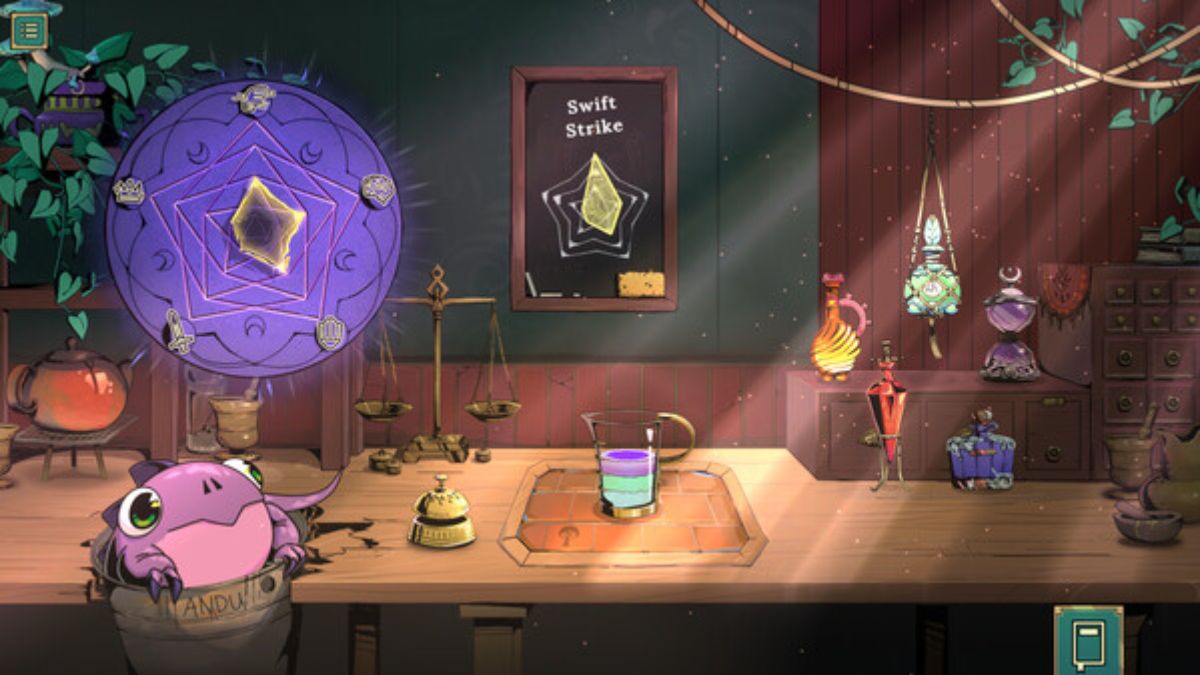 Gameplay-Screenshot aus dem Spiel Tavern Talk, der die Herstellung von Rezepten und den süßen kleinen Drachen zeigt